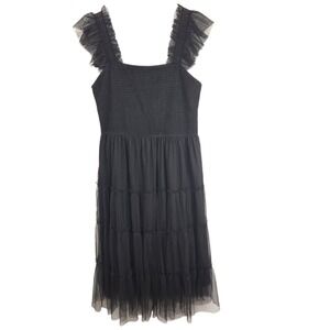 Pretty Garden Black Tulle Maxi Dress XL Smocked Bodice Ruffle Strap‎ Goth Chic
